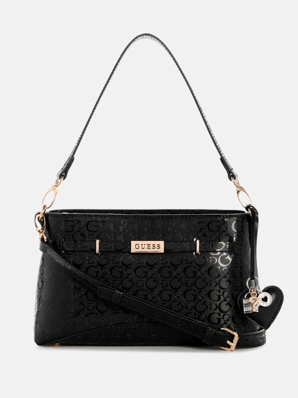 GUESS Black Patent Logo Shoulder Bag with Heart Charm